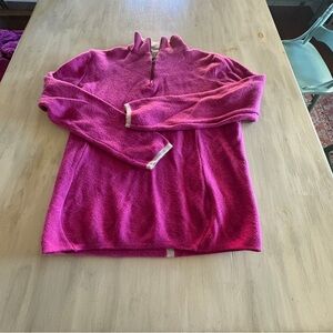 Ibex Vibrant Pink 1/4 Zip Sweater 100% Wool Women L Gray Back Stripe